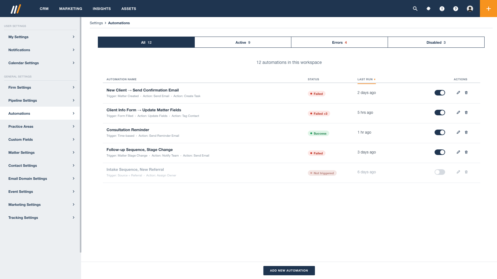 Lawmatics automations list showing several workflows failing silently before the rebuild