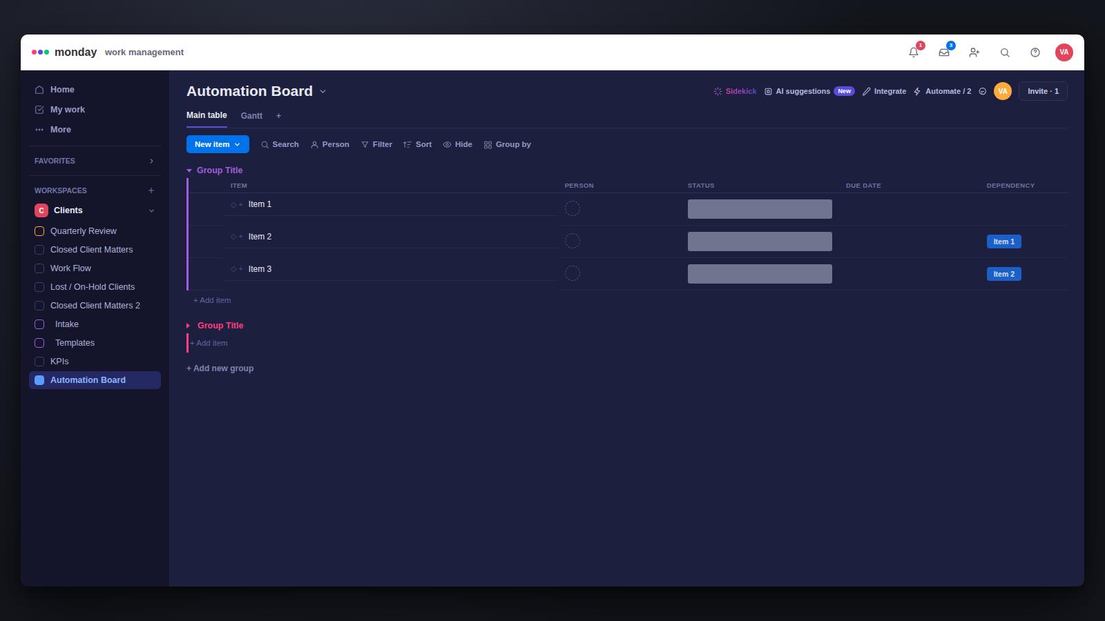 Monday.com automation board tracking items with status and dependency columns