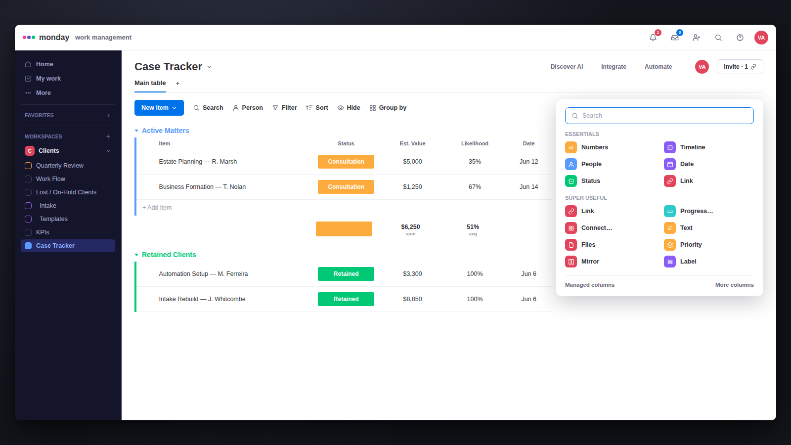 Monday.com Case Tracker board showing active matters and retained clients with status, value, and likelihood columns