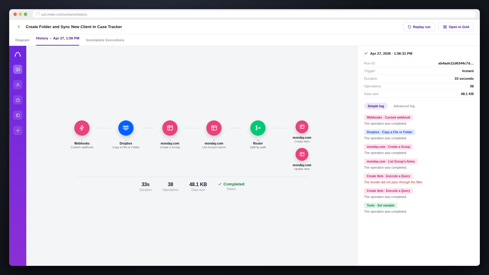Make.com scenario history showing a webhook, Dropbox, and monday.com steps completing in sequence