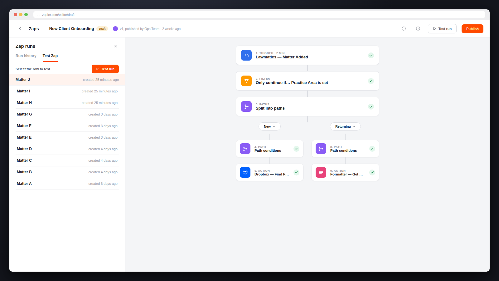 Zapier editor showing a Lawmatics trigger routed through filters and paths into a Dropbox action